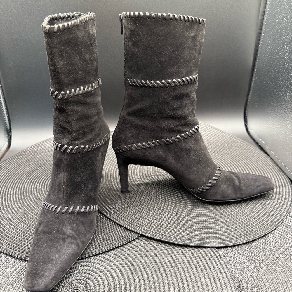Ferragamo Italian all leather black suede whipstitch women’s boot